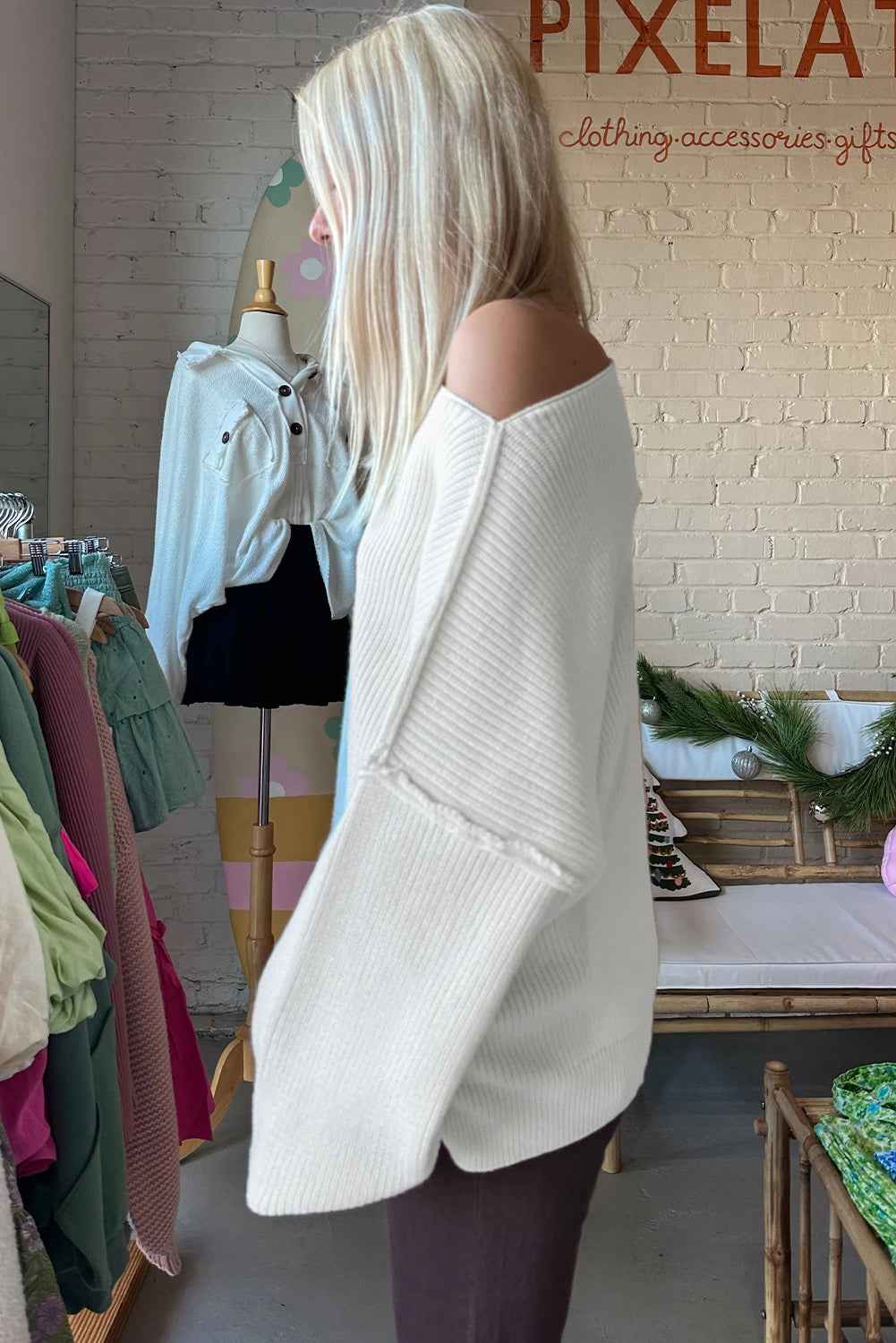 White Asymmetric Neck Drop Shoulder Baggy Slouchy Sweater a008fcbce2b74bbf