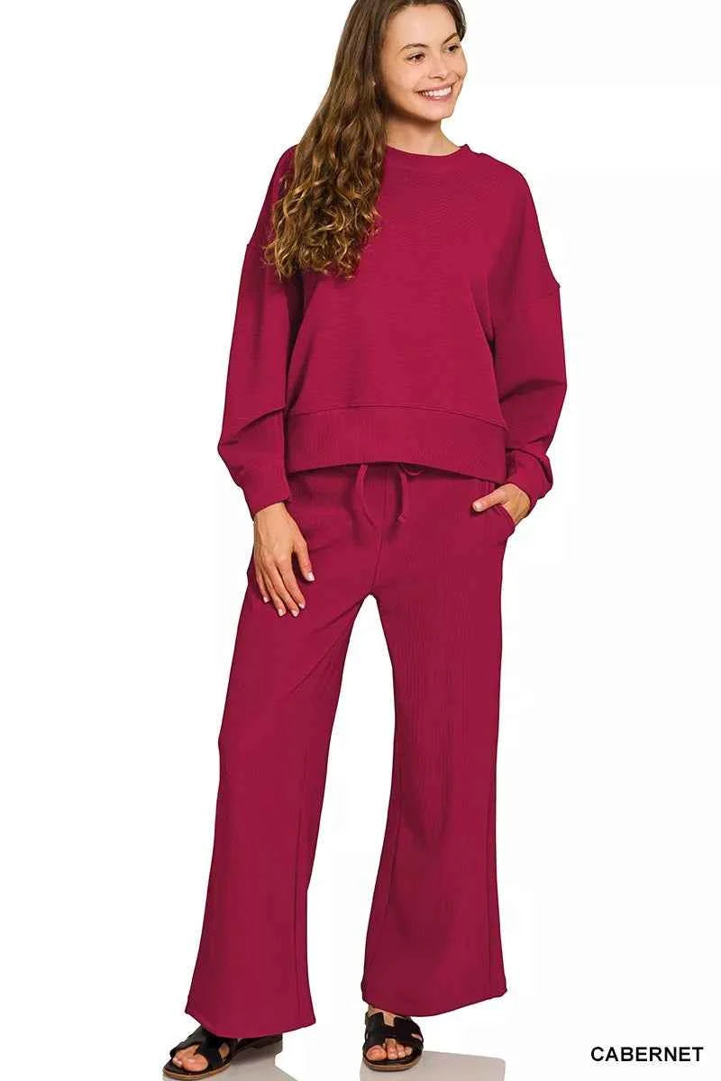 Zenana Ribbed Round Neck Pullover and Drawstring Pants Set CABERNET a00a1195bf49442fa3b76547299c87e5-Max-Origin