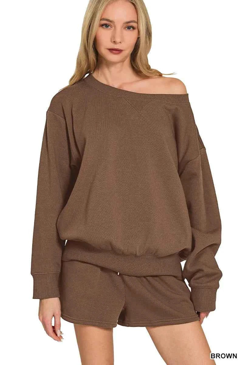 Zenana Fleece Boat Neck Sweatshirt and Shorts Set BROWN a00b687da2074706aae28f46408c011c-Max-Origin