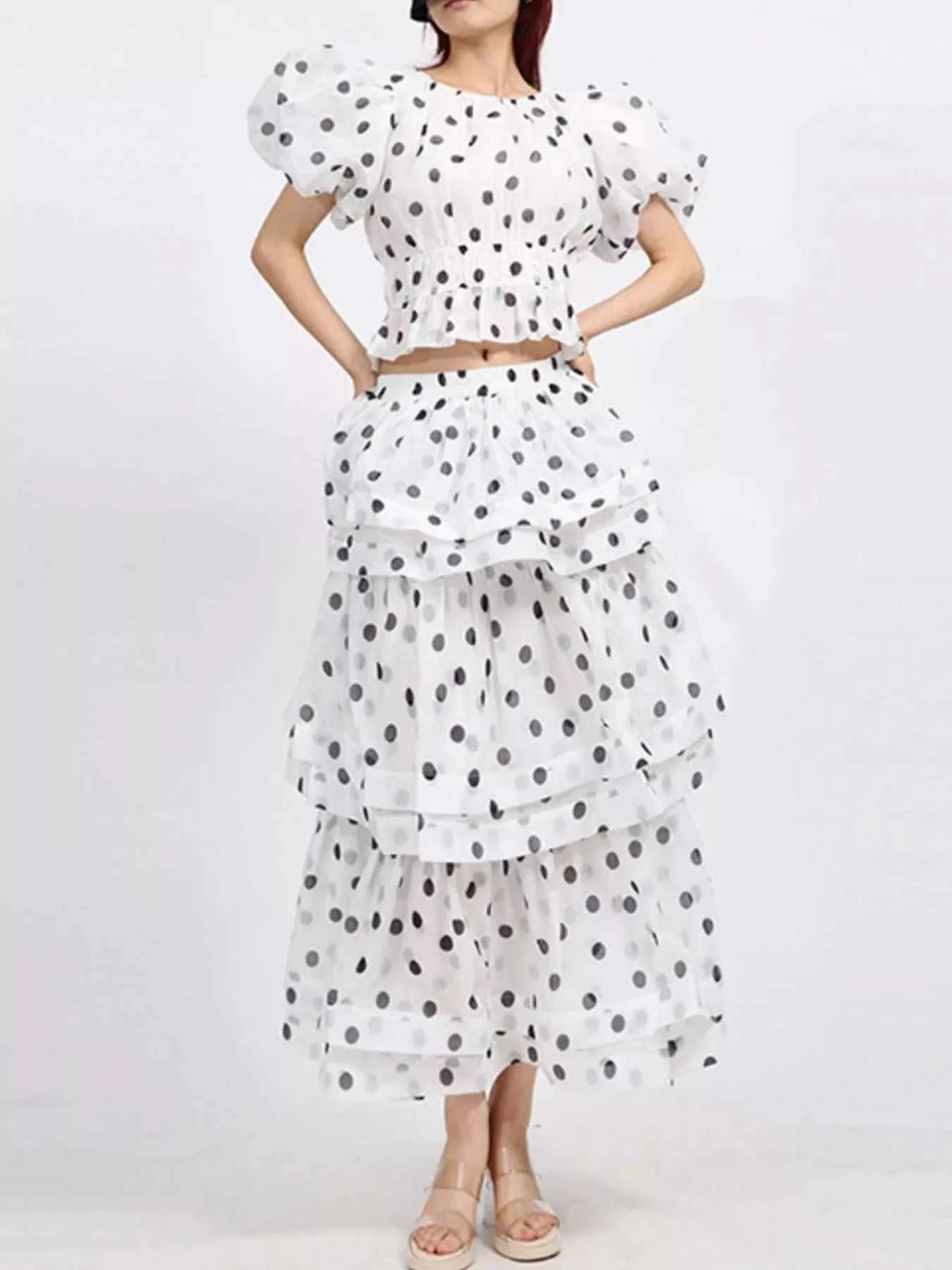 Polka Dot Puff Sleeve Top and Skirt Set White a00d8a8d-ba85-4c78-abd1-28c25d6674b1-Max-Origin