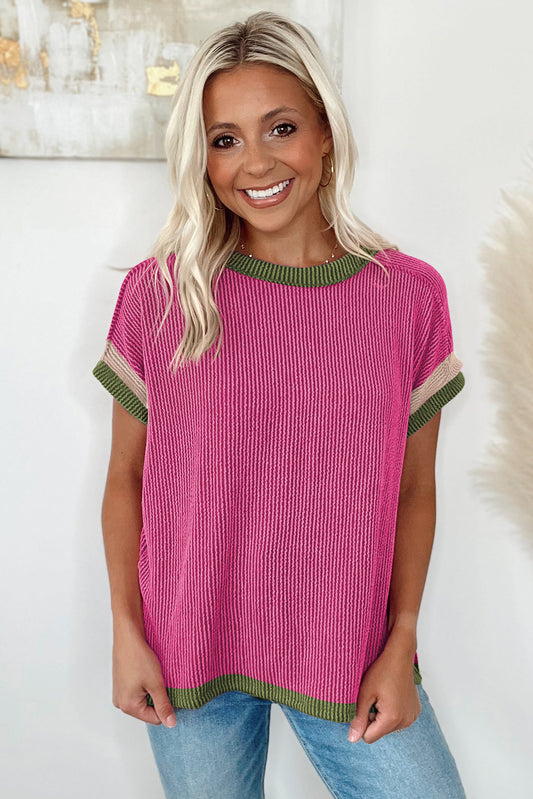 Rose Red Textured Colorblock Round Neck T Shirt a0175556ca46f330