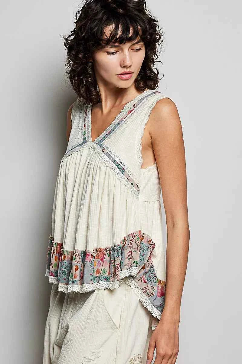 POL Lace Detail Ruffled Ribbed Sleeveless Top with Floral Pattern Trim Detail a017811e-fa4a-4696-a91d-ccb41ff594ca-Max-Origin
