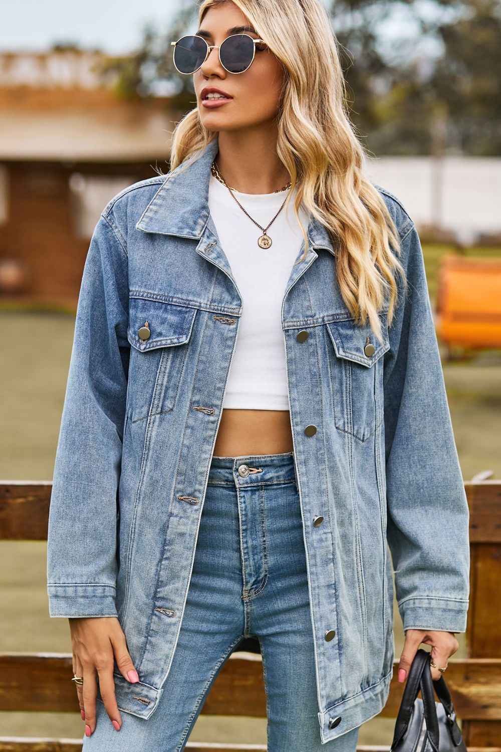 Buttoned Collared Neck Denim Jacket with Pockets a01d0767525944df8e4762d87f58c463-Max
