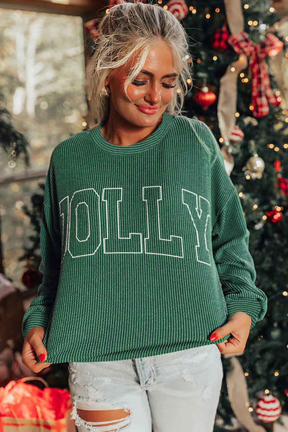 Evergreen Twisted Rib Merry Letter Graphic Loose Long Sleeve Top a029d9f247696d77