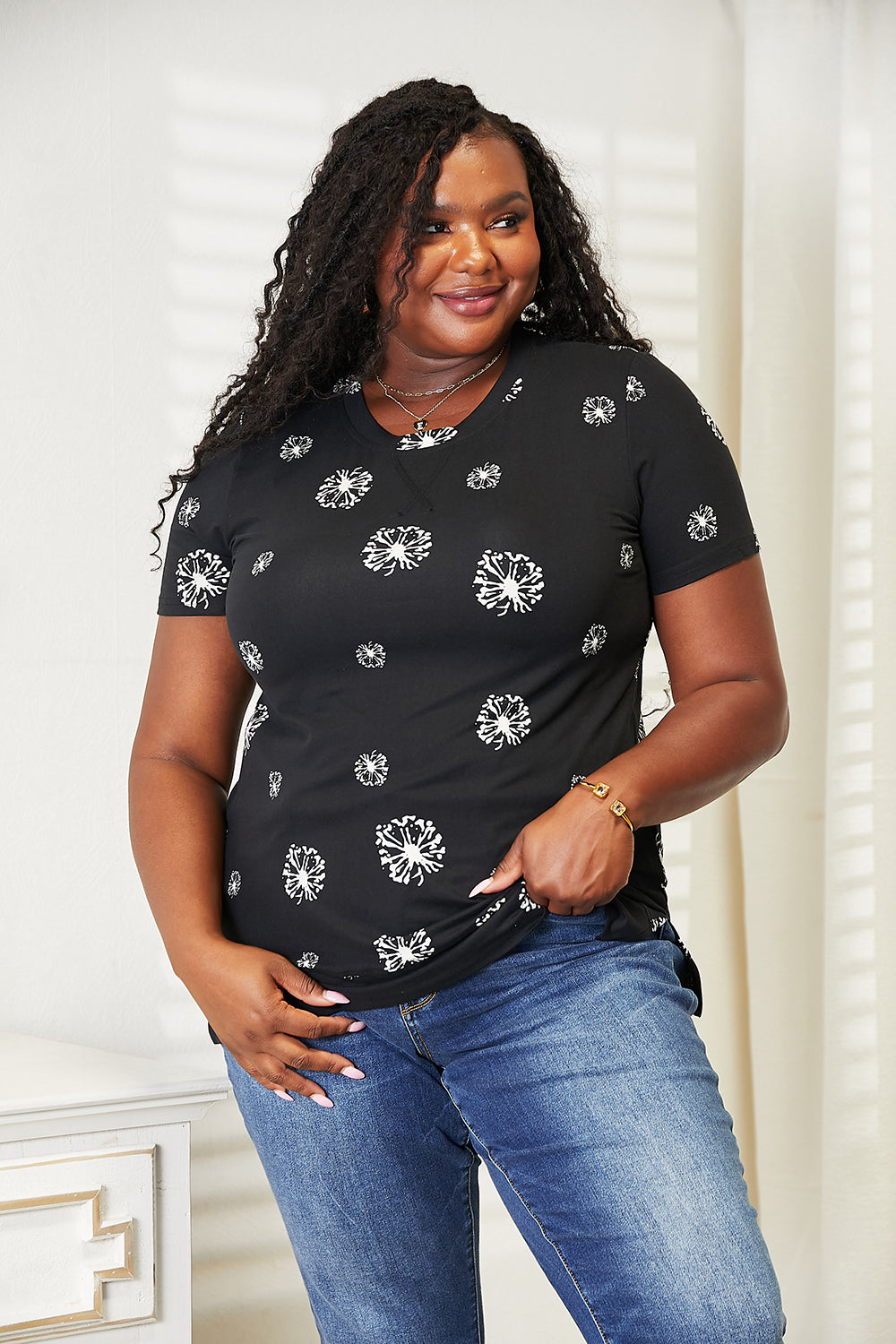 Double Take Dandelion Print Round Neck T-Shirt a02c7db4f30d4bc3929ae49472a106dc-Max