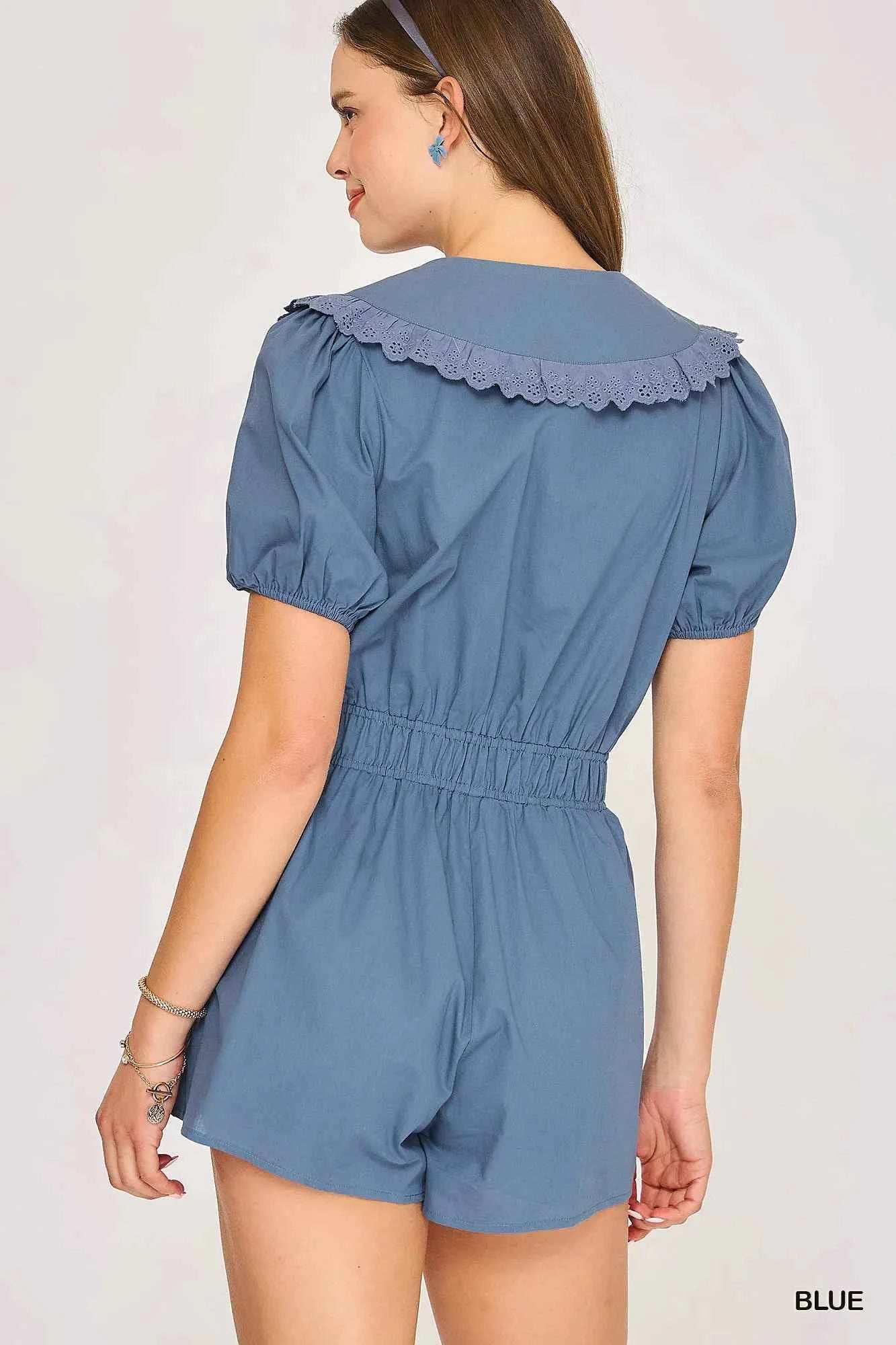 Umgee Collared Short Sleeve Button Down Romper a03b8236-86a7-4f51-8870-3487f66271d3-Max-Origin