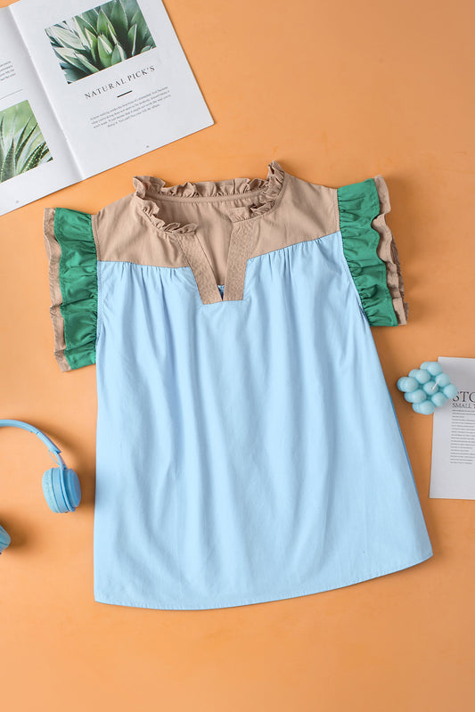 Mist Blue Colorblock Ruffled Sleeve Frill V Neck Blouse a03dd7c46c9b3324