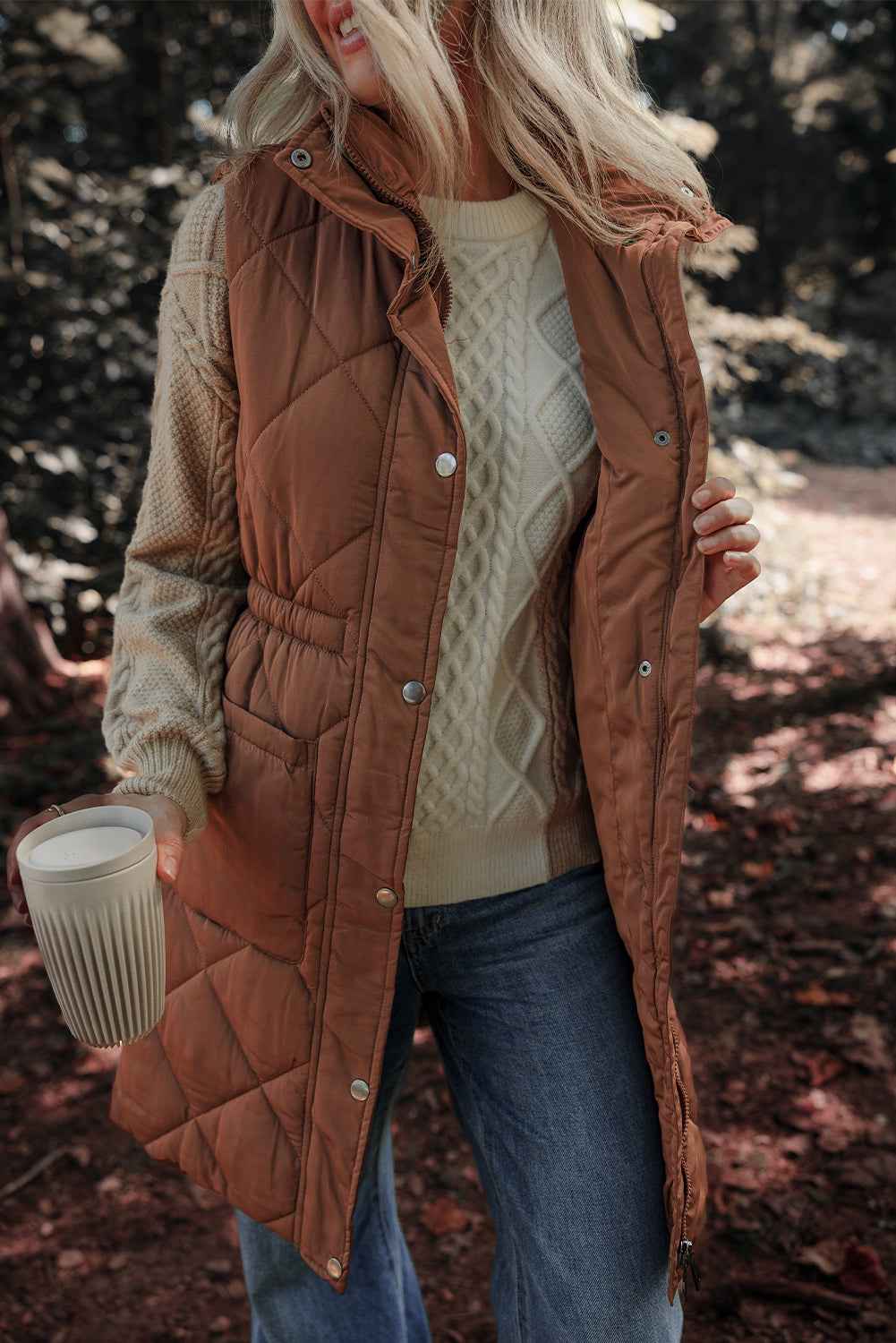 Coffee Puffer Quilted Stand Collar Pocketed Vest Coat a03e08c061b1933b