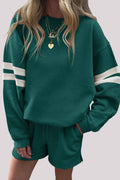 Evergreen Varsity Striped Sleeve Drop Shoulder Sweatshirt and Shorts Set Evergreen 65%Polyester+35%Cotton a03f9f06950e1a8e