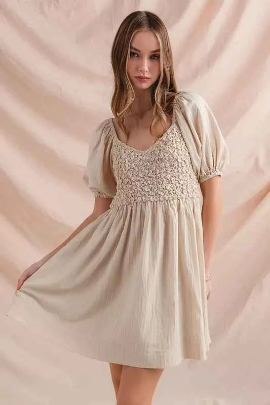 Textured Woven Daily Dress with Puff Sleeves a0407784-58d7-4b0a-b052-b15c0d4455f0-Max-Origin