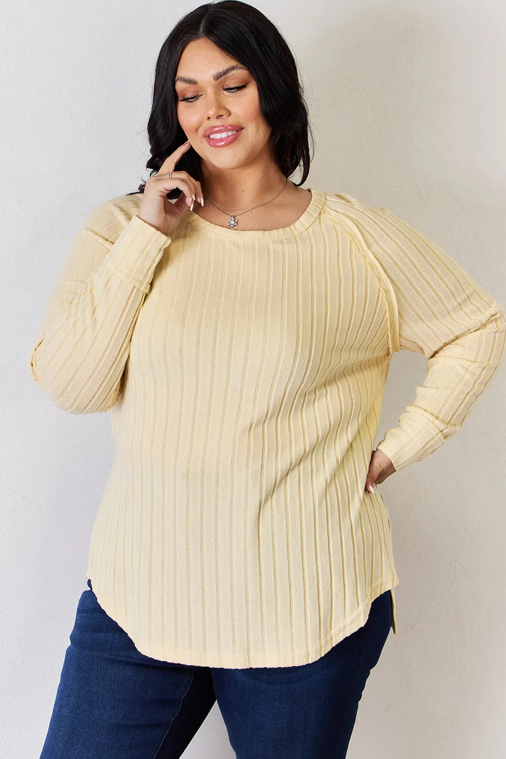 Basic Bae Full Size Ribbed Round Neck Slit T-Shirt a04221b9-3a70-4e4a-b360-cb9adcae6fea-Max