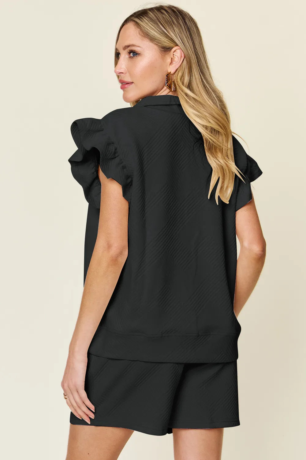 Double Take Full Size Texture Flounce Sleeve Top and Drawstring Shorts Set a0449716-43e5-43d3-8de2-7c7fba8007f9-Max