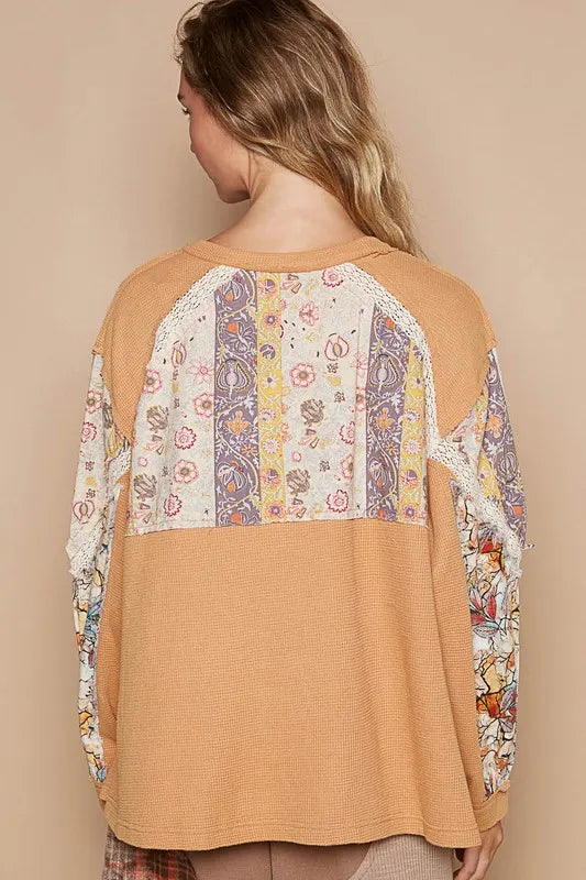 POL Waffle-Knit Lace Detail Round Neck Top a0464ca9-3836-44a0-8338-4547adff4014-Max