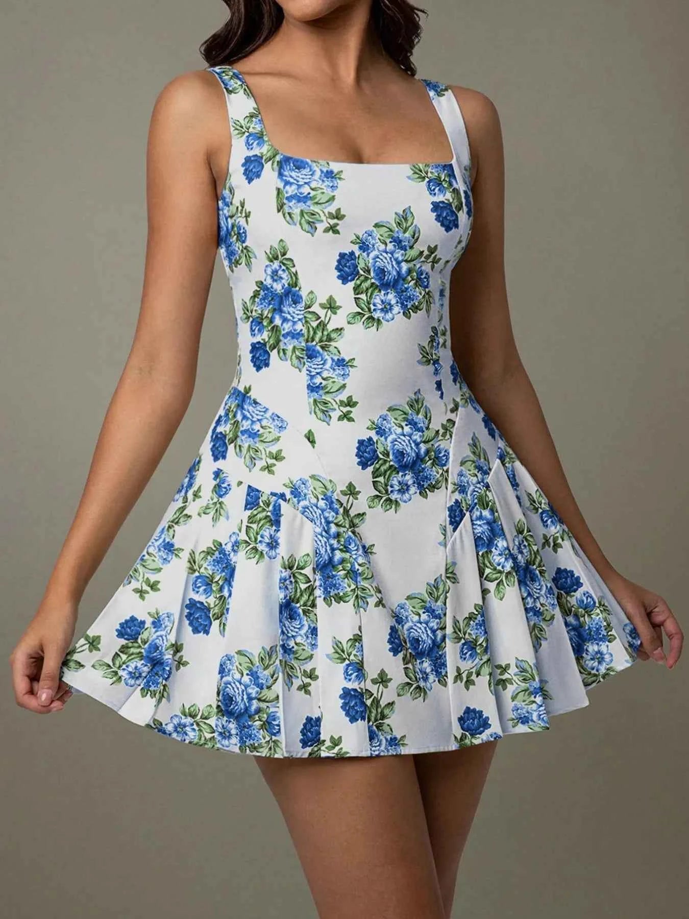 Pleated Floral Print Square Neck Mini Dress a047a3d2-b5d0-4ed6-bd04-5531ef099c85-Max-Origin