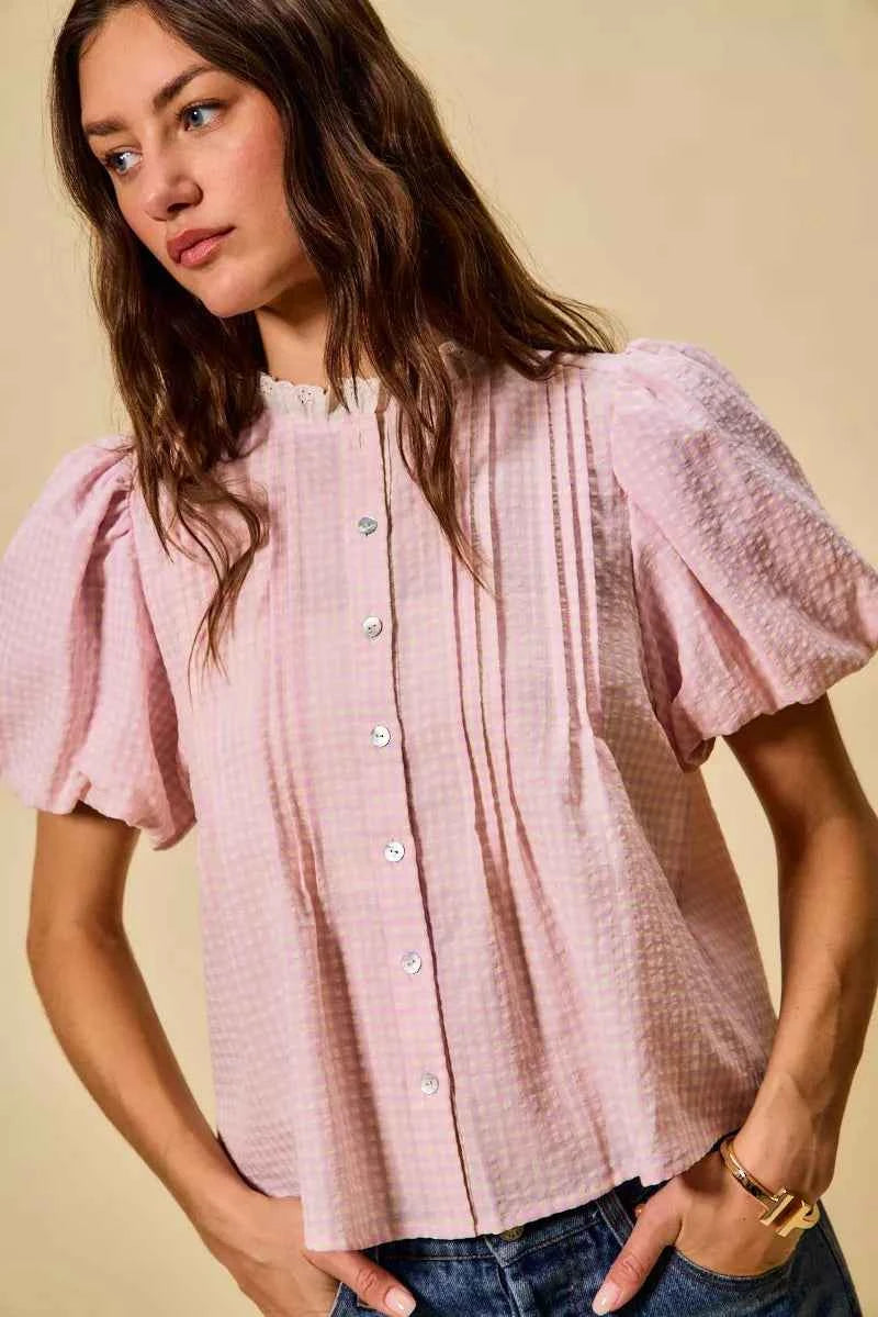 SO ME Gingham Lace Trim Button Bubble Sleeves Blouse a048b51fc081471991dcb7a19f8bb185-Max-Origin