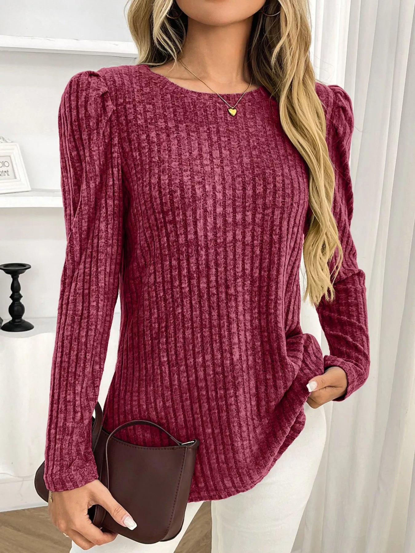 Round Neck Puff Sleeve T-Shirt Burgundy a04c6109-5e8a-4833-93b2-c3fefa9ca2a1-Max-Origin