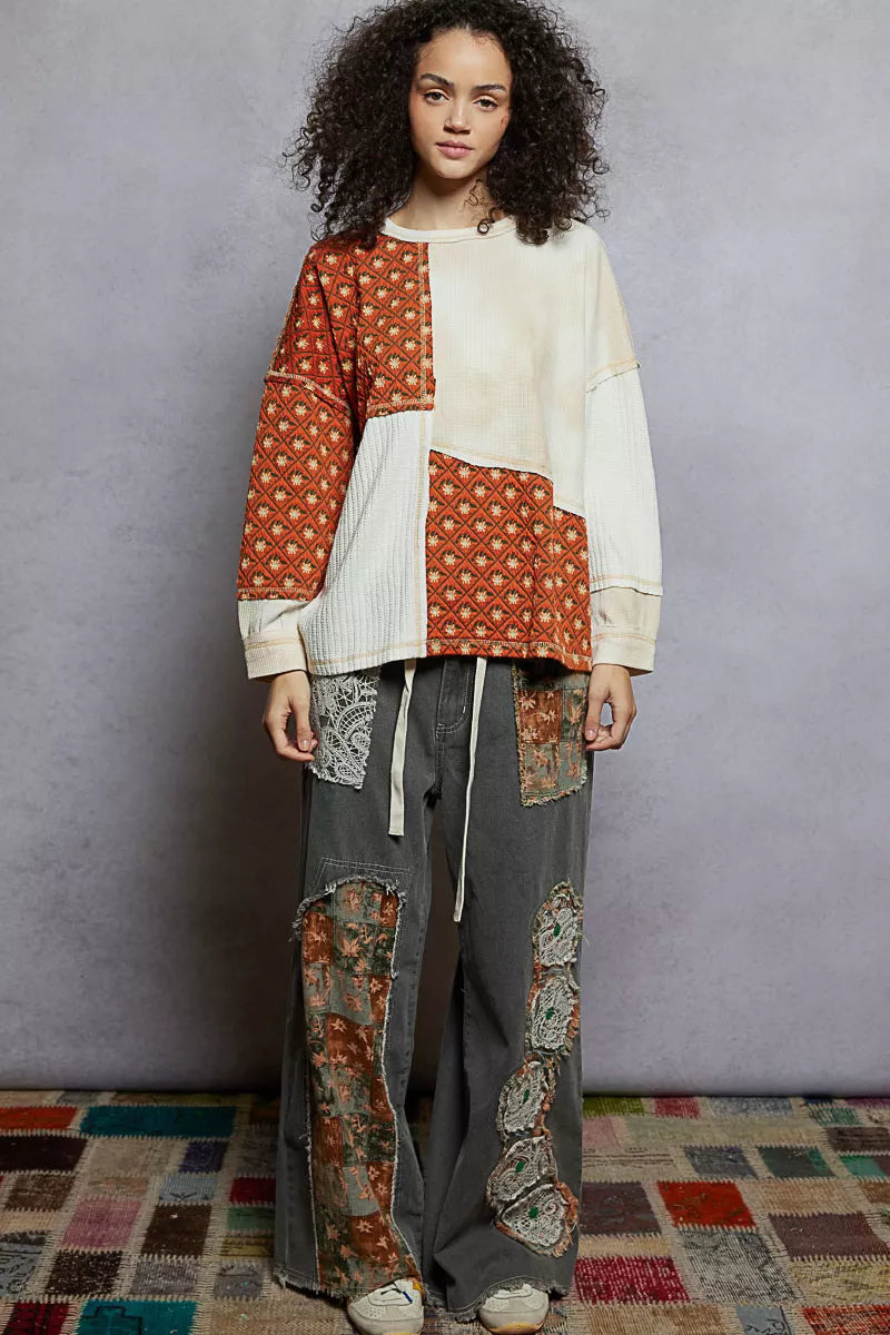 POL Contrast Patchwork Round Neck Long Sleeve Top a04dc963-da99-4e2b-afbf-6c9f252beb09-Max-Origin