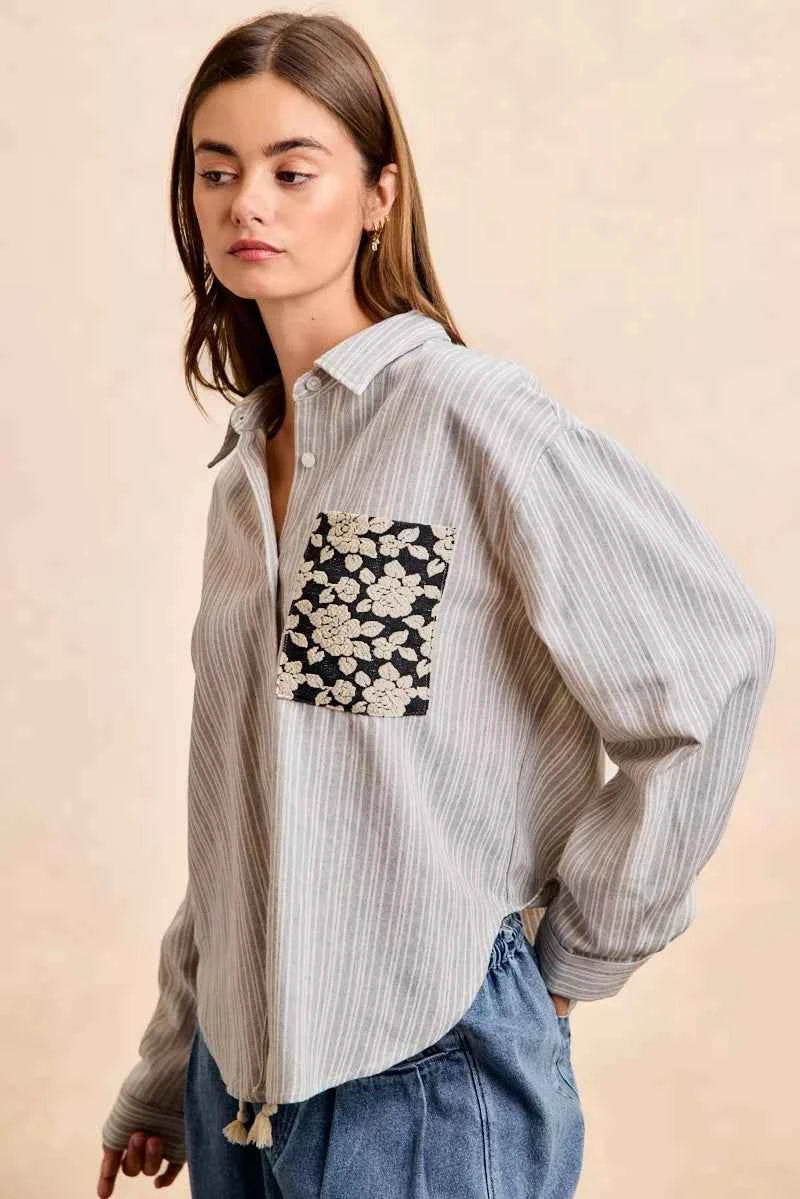 BiBi Flower Jacquard Knit Patch Pocket Stripe Shirt a04e2fc3a0f44c20afc7ab909f6c70a5-Max-Origin