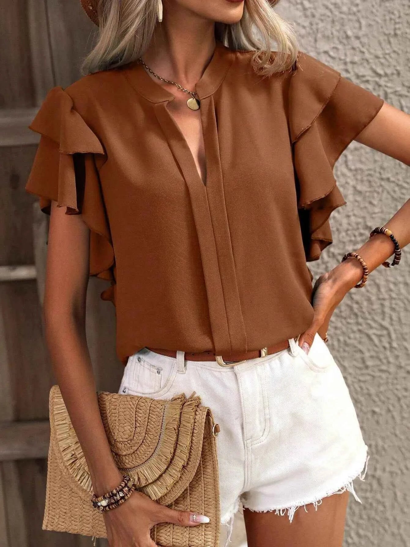 Ruffle Sleeve Notched Blouse a04f3f94-57af-458e-9075-ac22f56963b3-Max-Origin