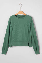 Evergreen Solid Color Raw Seam Patchwork Ribbed Drop Shoulder Sweatshirt a052d72f6fc58040
