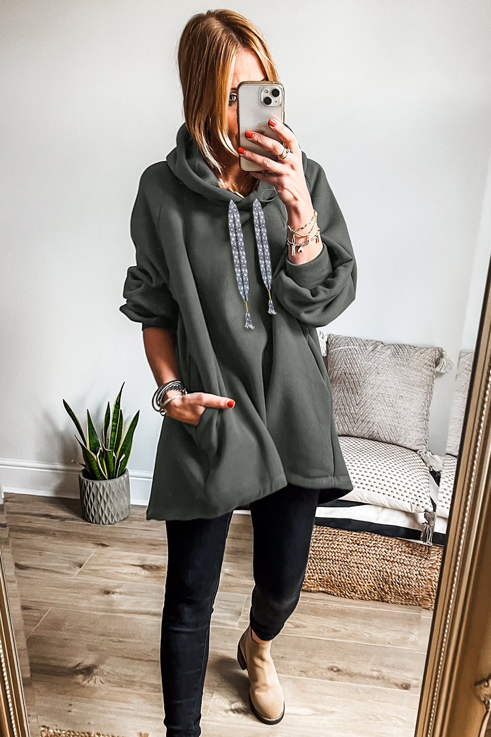 Raglan Sleeve Drawstring Hooded Tunic Sweatshirt a05326bee8e5781b