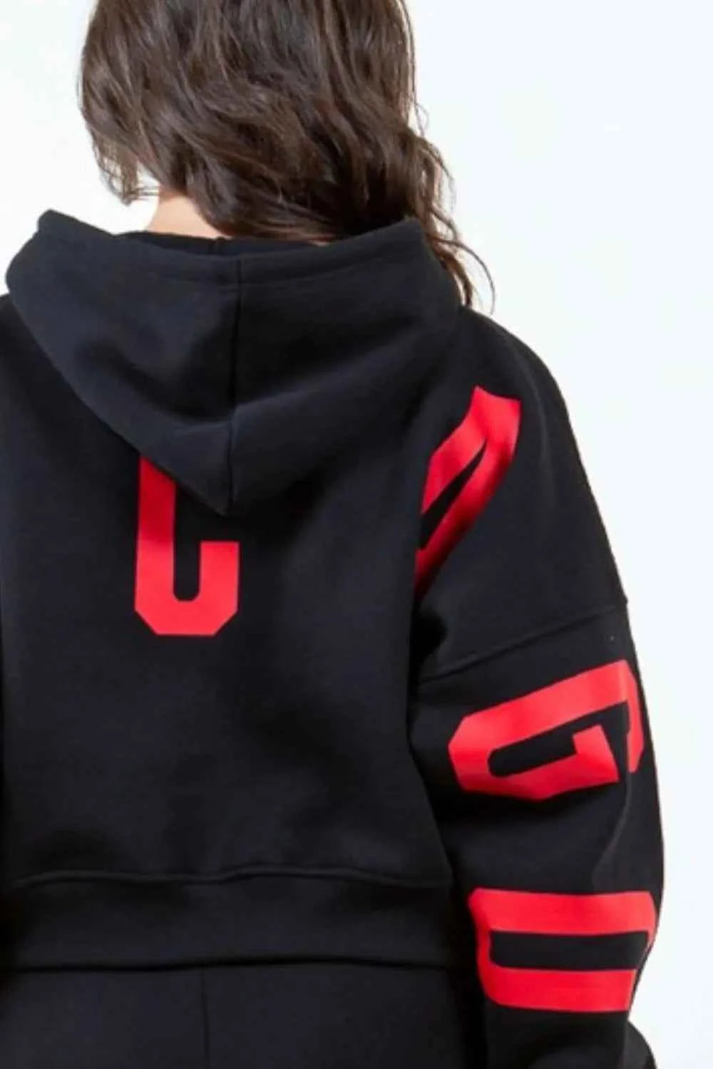 American Bazi Letter Graphic Long Sleeve Drawstring Cropped Hoodie a057ec78-bcf4-4acf-8f27-954fa4911771-Max