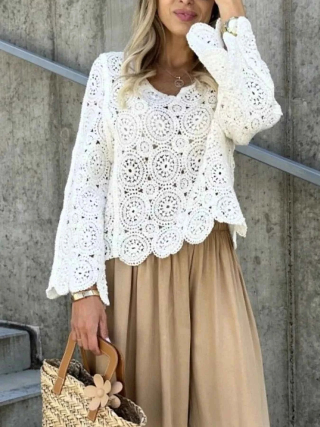 Crochet Lace V-Neck Bell Sleeve Knit Top a05a08dd-b068-46f6-86a0-780a3547c92e-Max-Origin