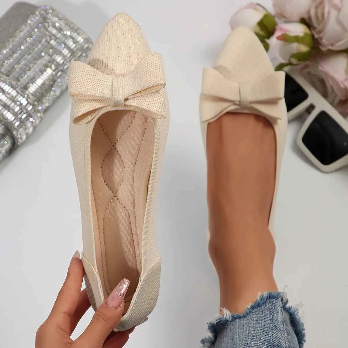 Pointed Toe Bow Slip-Ons Ivory a05cc57331c14c8b8b69b06767b8b5a0-Max-Origin