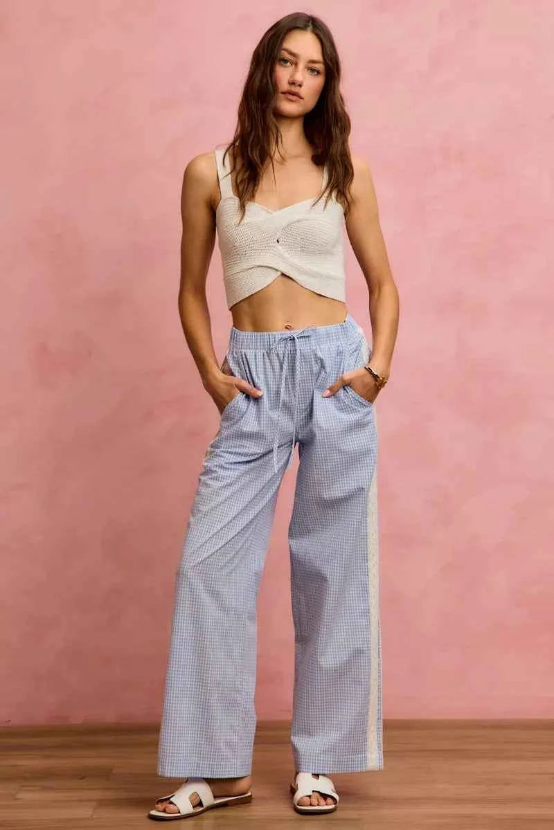 SO ME Wide Check Pants With Side Lace Trim And Piping a0653e3dab9449019f4f72b9616c5b0c-Max-Origin