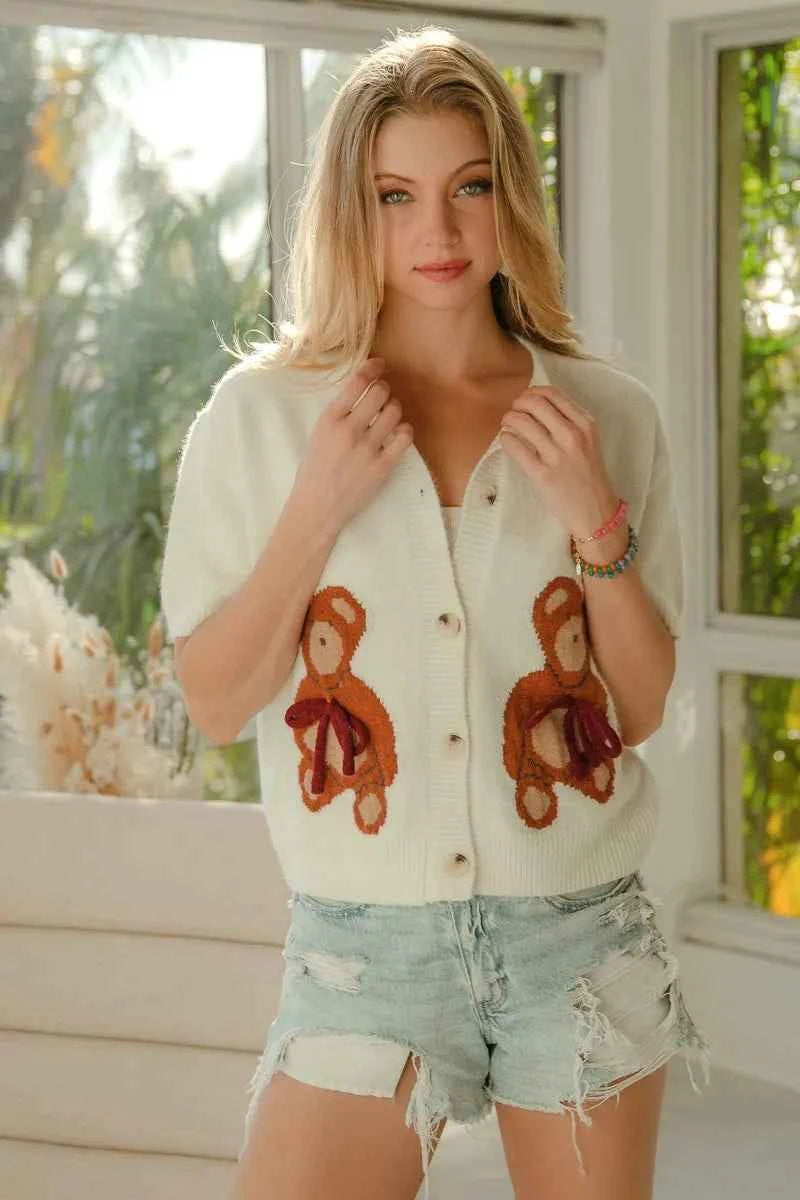 BiBi Teddy Bear With Bow Patched Sweater Button Down Top CREAM a066dd0e33f74fb9ac3d0b946e0dfcbf-Max-Origin