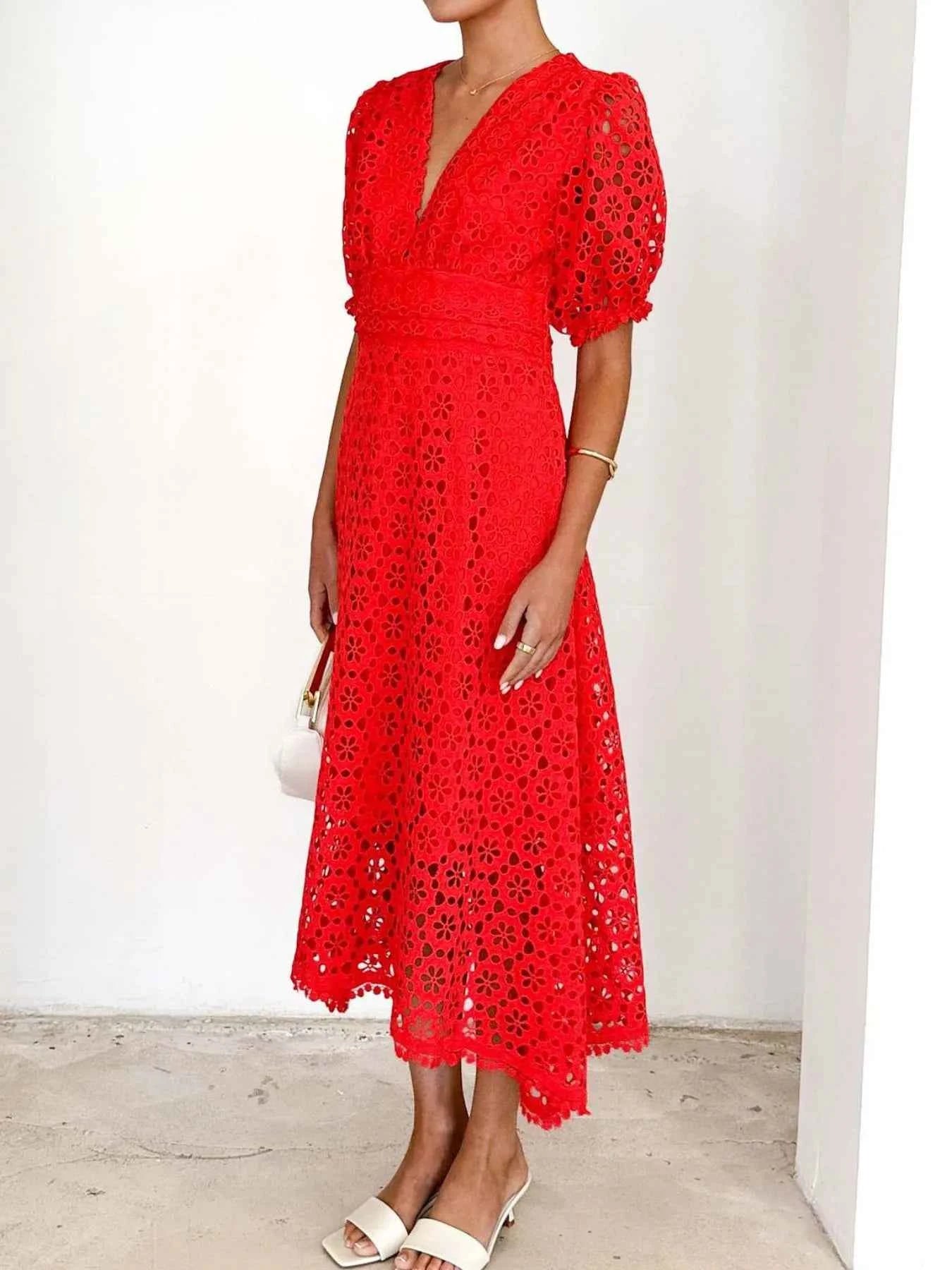 Eyelet Lace V-Neck Midi Dress with Puff Sleeves a06d55b5-4955-4530-bbc0-c0c1a0409565-Max-Origin