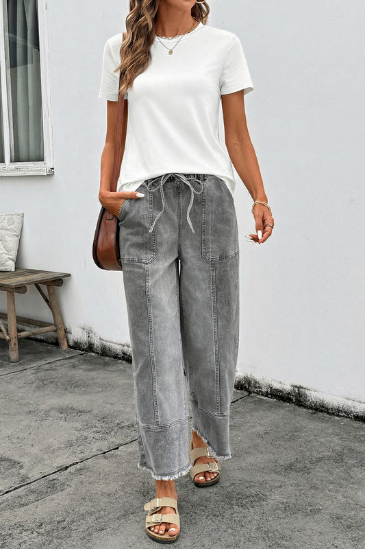 Gray Drawstring Seam Detail Raw Hem Wide Leg Denim Pants a07486e142d72eb3