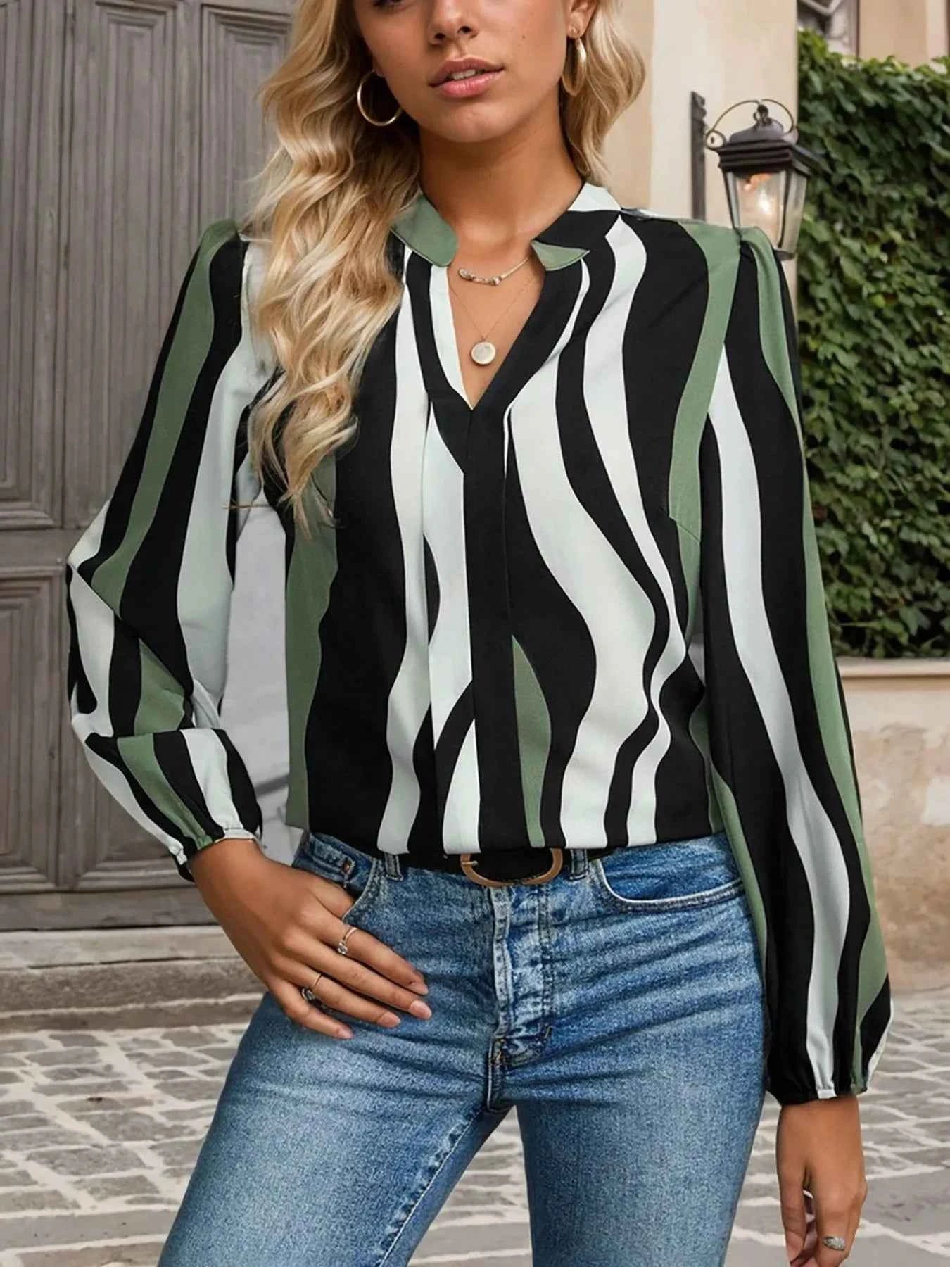 Striped Notched Long Sleeve Blouse Sage a076f6d2-bcd7-4fa7-8c43-7734e8ddc42e-Max-Origin