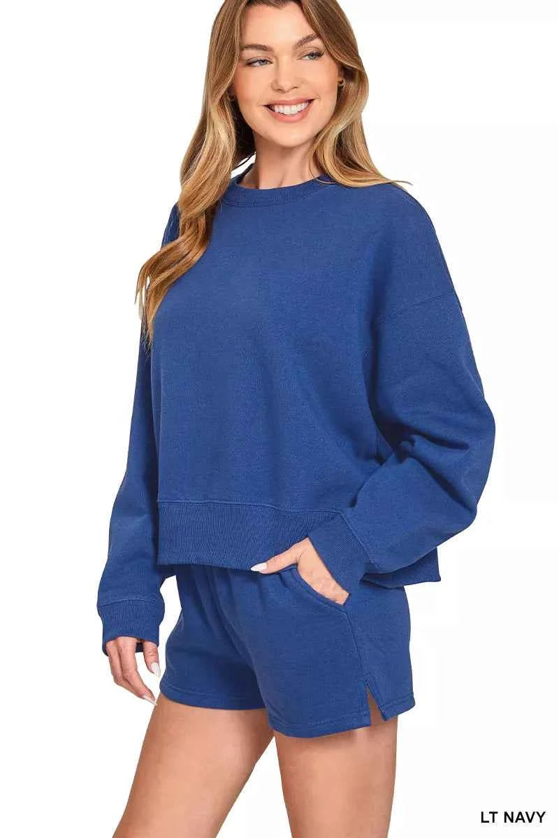 Zenana Fleece Round Neck Sweatshirt and Shorts Set a07db1ce-64e4-444f-829d-f735acd55dd7-Max-Origin