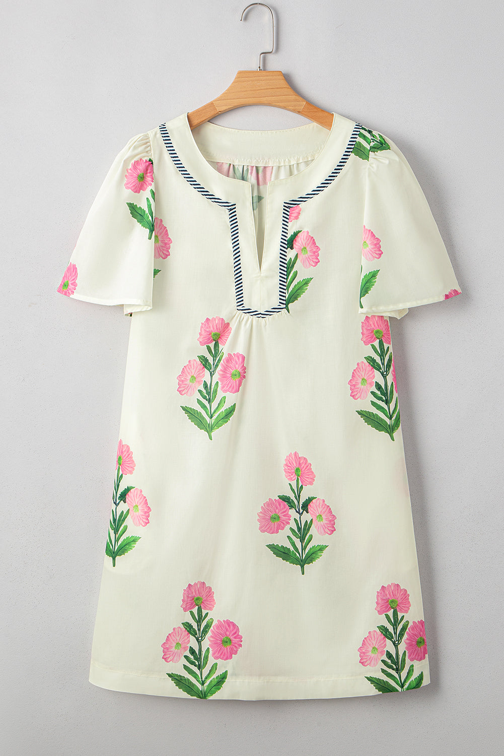 Blue Striped Trim Short Sleeve Split Neck Floral Mini Dress a07ef460598e3345