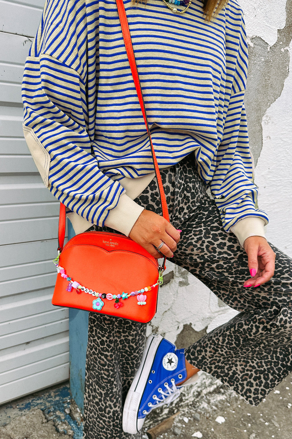 Blue Stripe Textured Elbow Patched Crew Neck Drop Shoulder Sweatshirt a083b4ff08972945