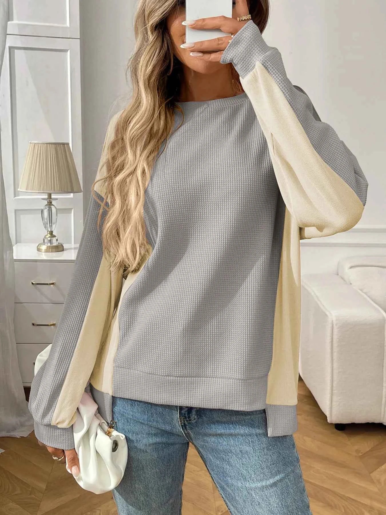 Color Block Long Sleeve Sweatshirt Grey a08415ac865942d1a1bc796f214633ad-Max-Origin
