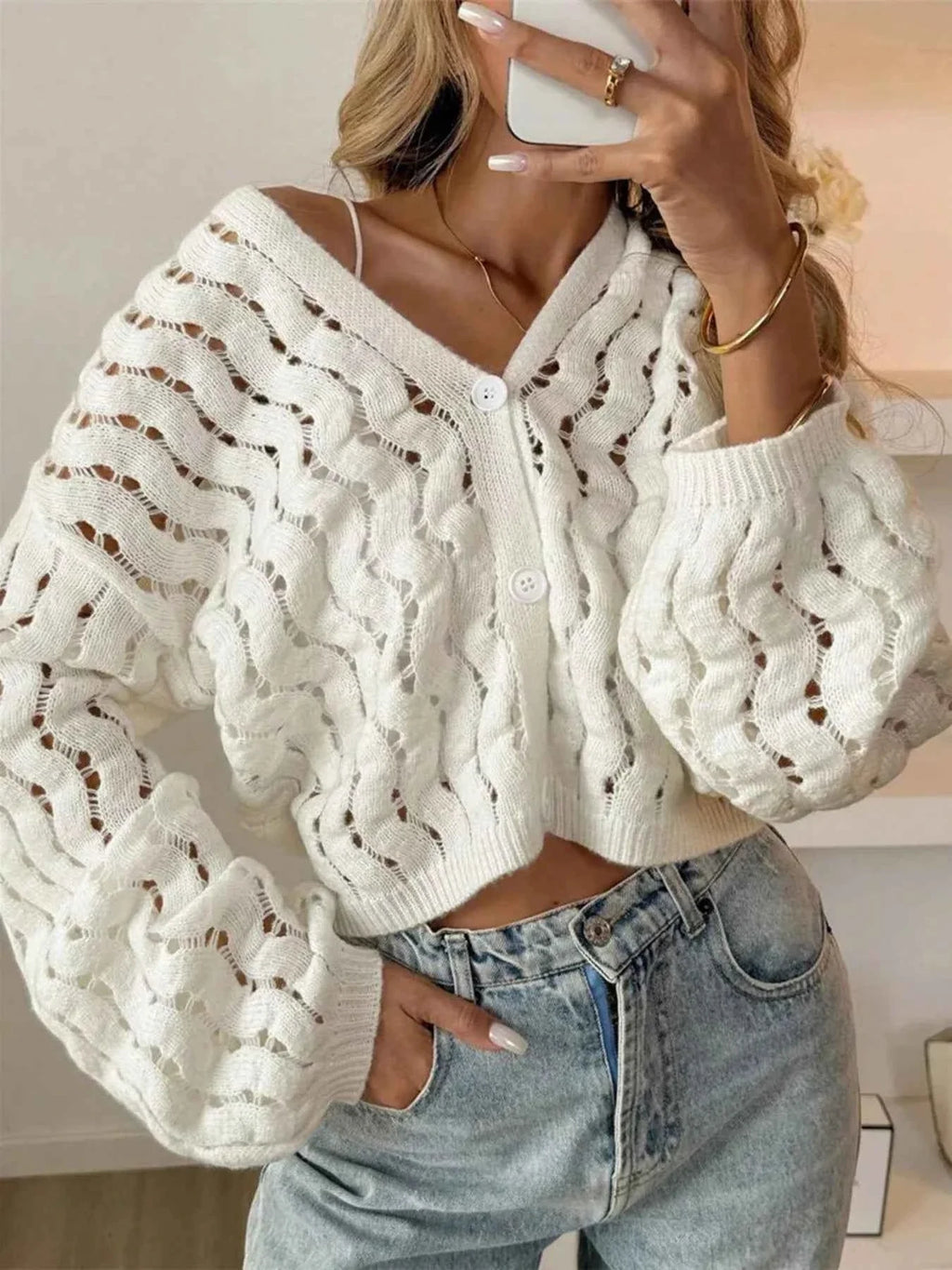 Openwork Button Up V-Neck Cardigan White a08580010c8e4aec98d3162a8794d057-Max-Origin