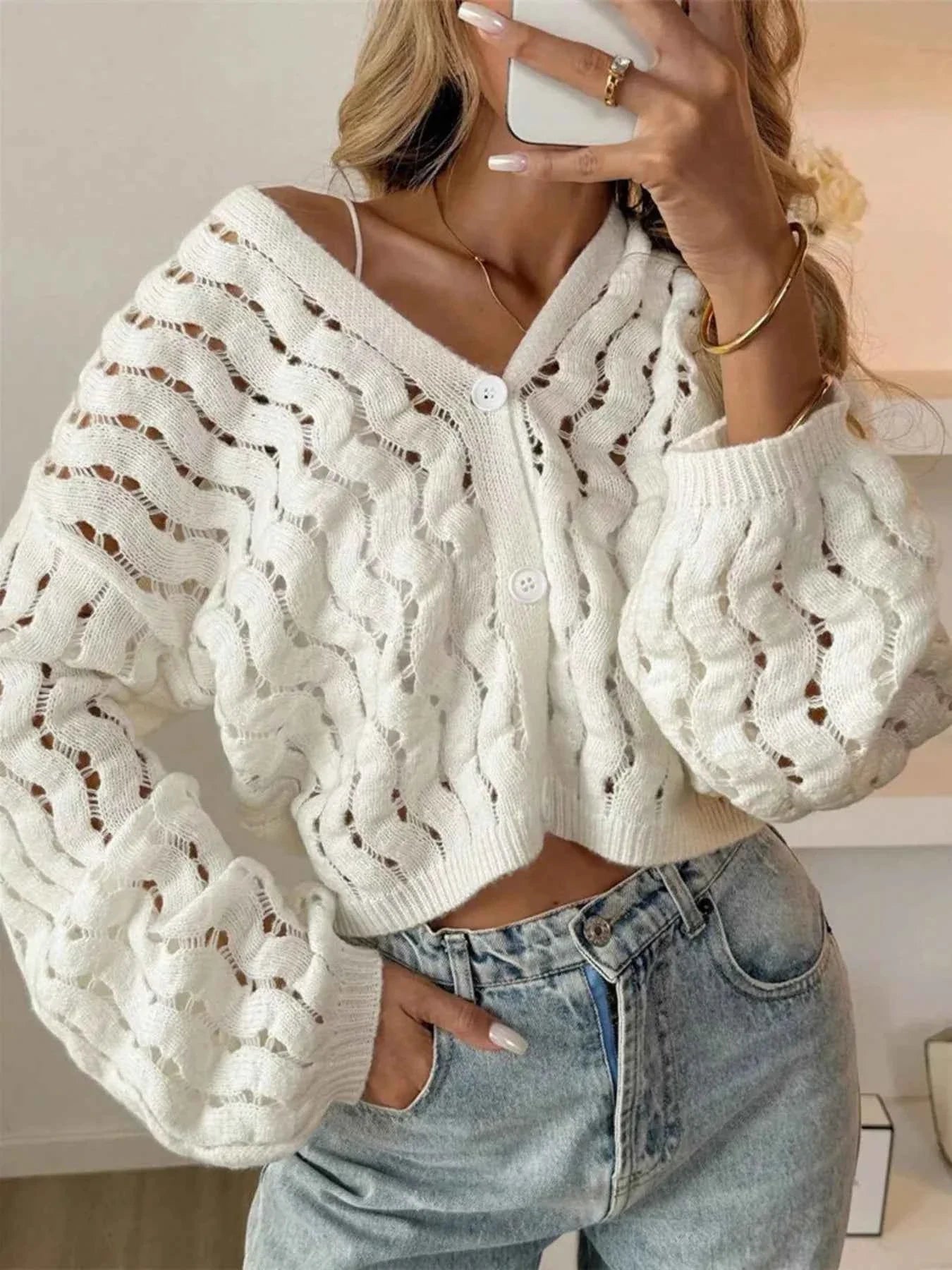 Openwork Button Up V-Neck Cardigan White a08580010c8e4aec98d3162a8794d057-Max-Origin