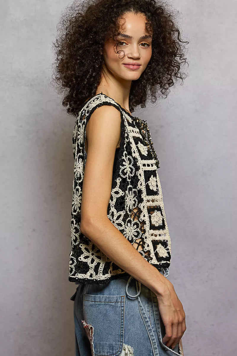 POL Tie Front Floral Pattern Crochet Vest with Scalloped Edge a087eb28-0377-4de3-b542-bbc935971421-Max-Origin
