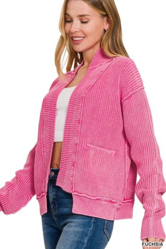 Washed Dropped Shoulder Cardigan with Side Pockets a08c50a3-c88b-4455-b4c8-d56add39dded-Max-Origin