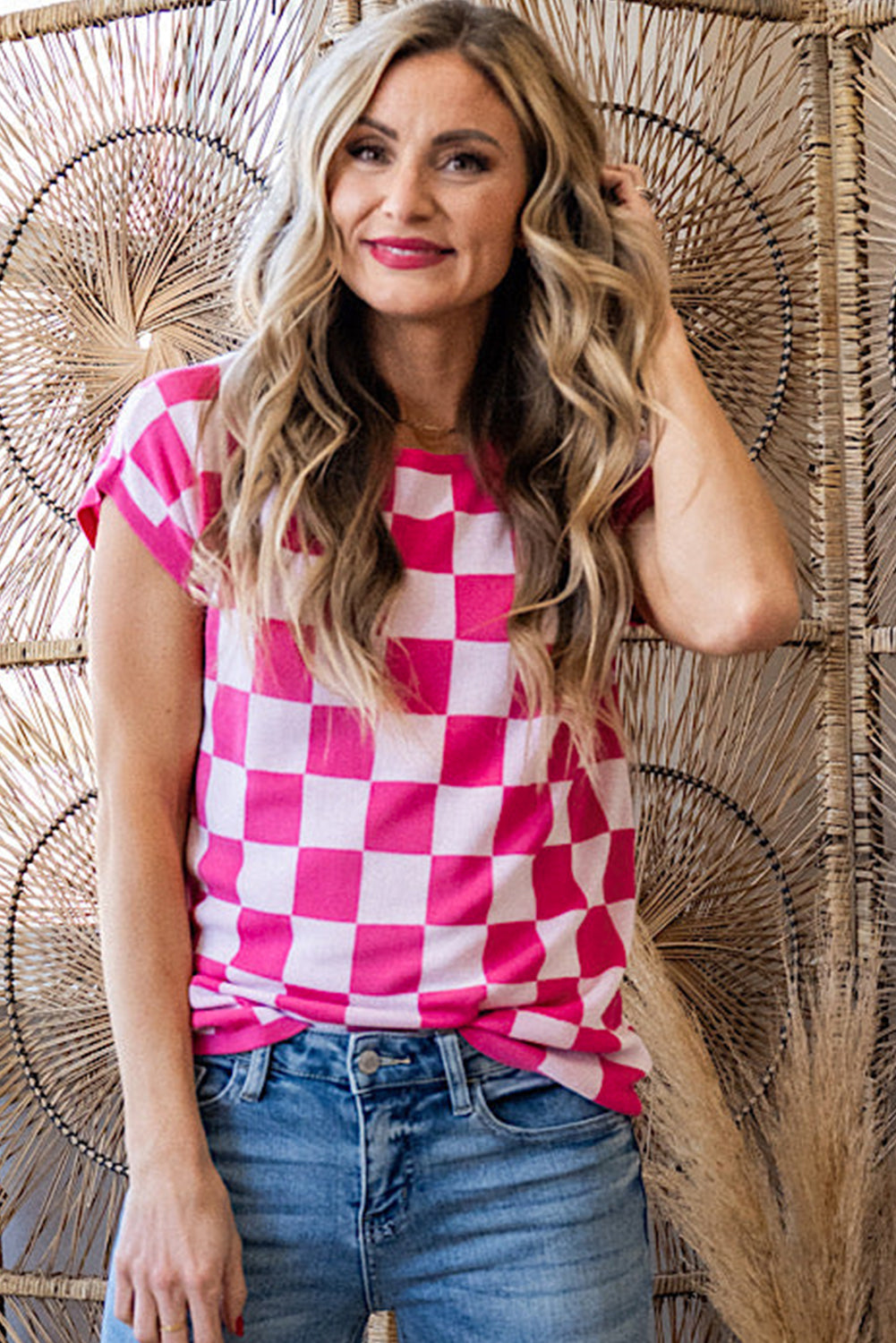 Rose Checkered Pattern Cap Sleeve Knitted Top a08f023b02431367