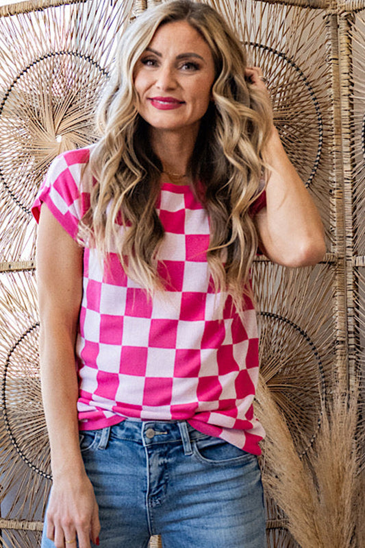 Rose Checkered Pattern Cap Sleeve Knitted Top a08f023b02431367