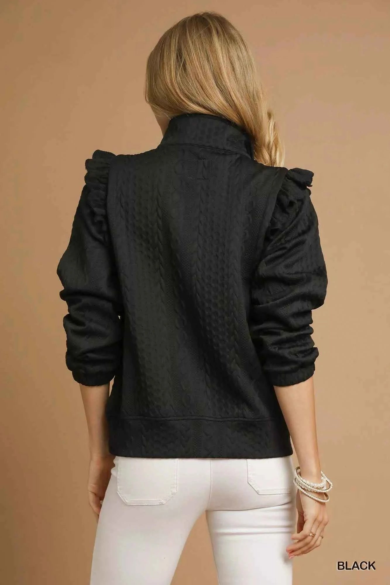 Umgee Cable Knit Textured Pullover with Ruffle Shoulders a0915a3b-2d68-43f8-9eca-2c17e033270c-Max-Origin