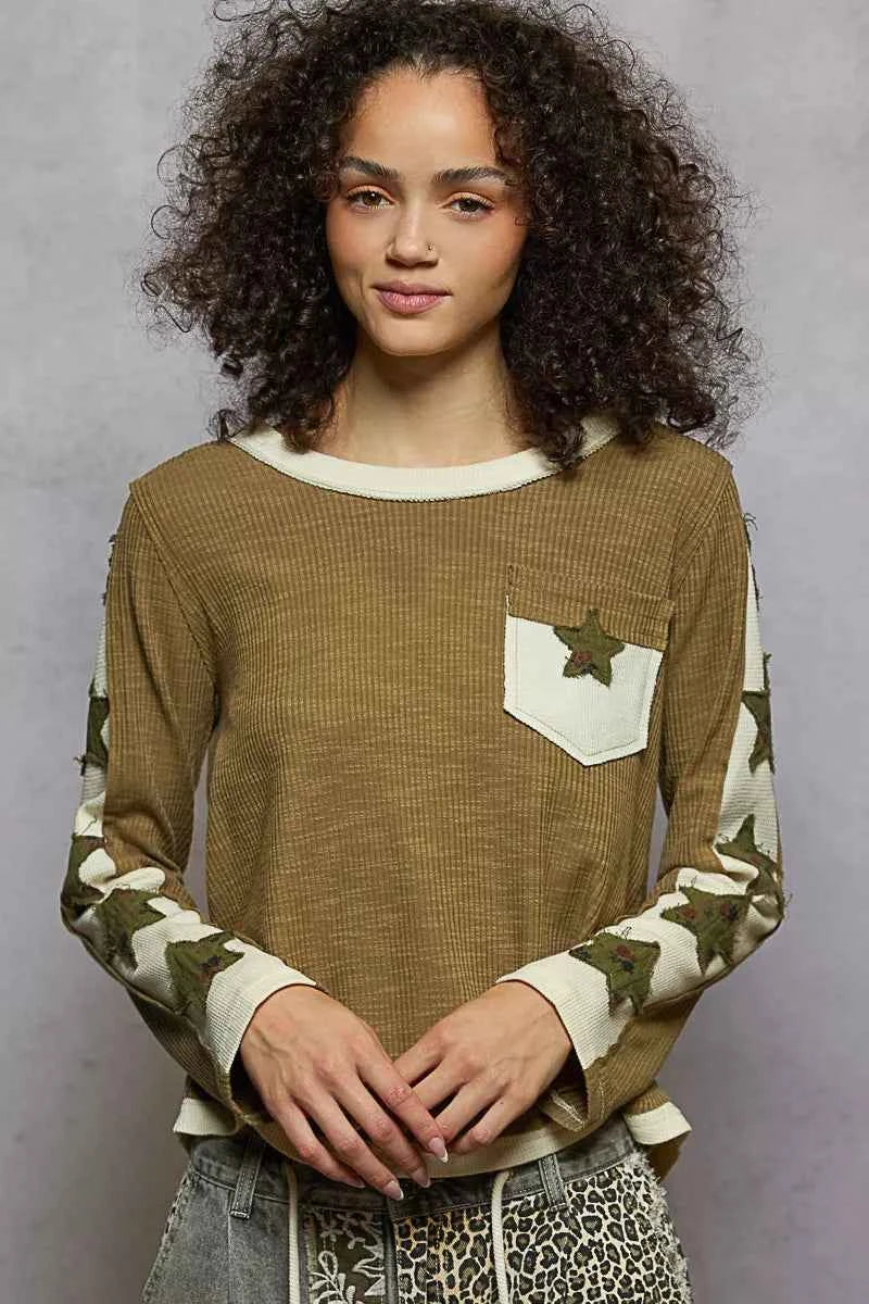 POL Round Neck Long Sleever T-Shirt with Star Patch a0920289-65bf-4b99-9b88-7d3d3a90ca1d-Max-Origin