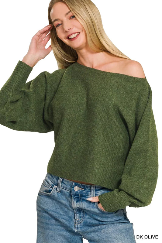 Boat Neck Balloon Sleeve Sweater DK OLIVE a094ad6e930b4c21abbd53effc2212ff-Max-Origin
