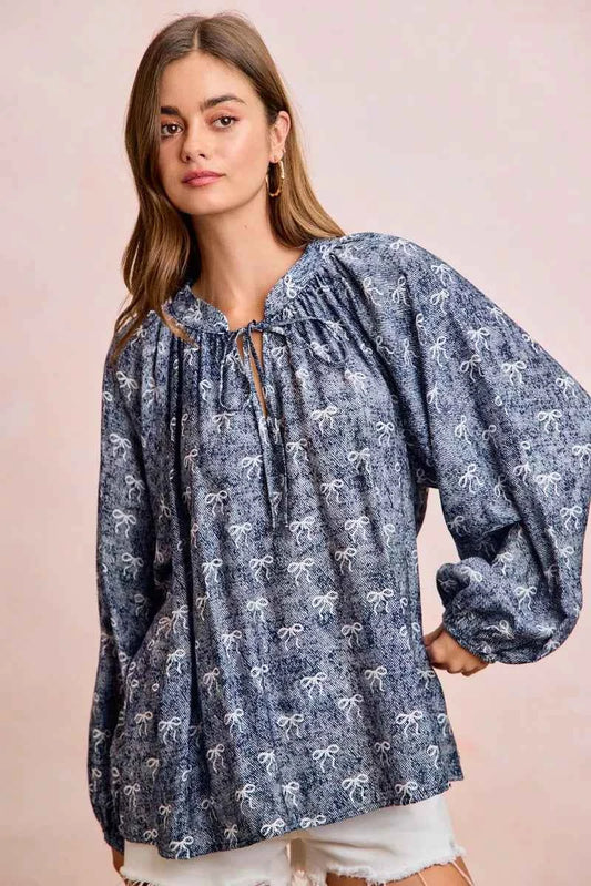 Ribbon Bow Print Exaggerated Balloon Sleeves Top a095ad436f204bb5b56333c0223787ac-Max-Origin