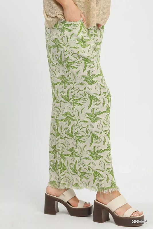 Umgee Linen Printed Wide Leg Raw Hem Pants a09613d5-ae2f-4014-ac5b-4e029a31b791-Max-Origin