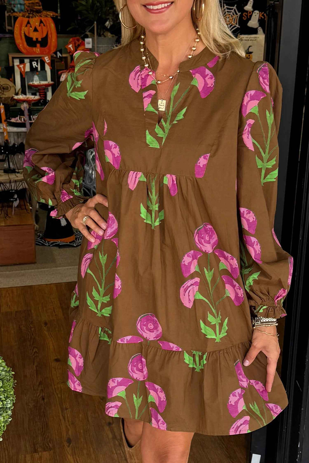 Brown Contrast Floral Print Babydoll Tunic Ruffled Hem Puff Sleeve Dress Brown 55%Cotton+45%Viscose a09b5461be6a46f2