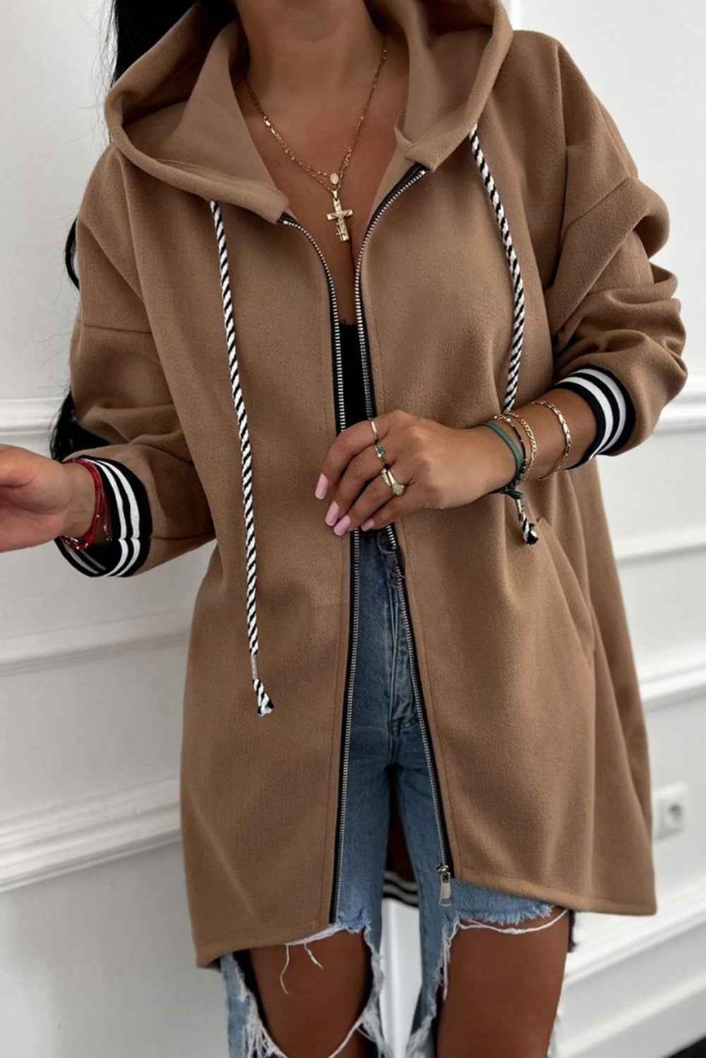 Dark Khaki Contrast Cuffed Drop Shoulder Zip up Tunic Hoodie a09d5e33963c0ecb